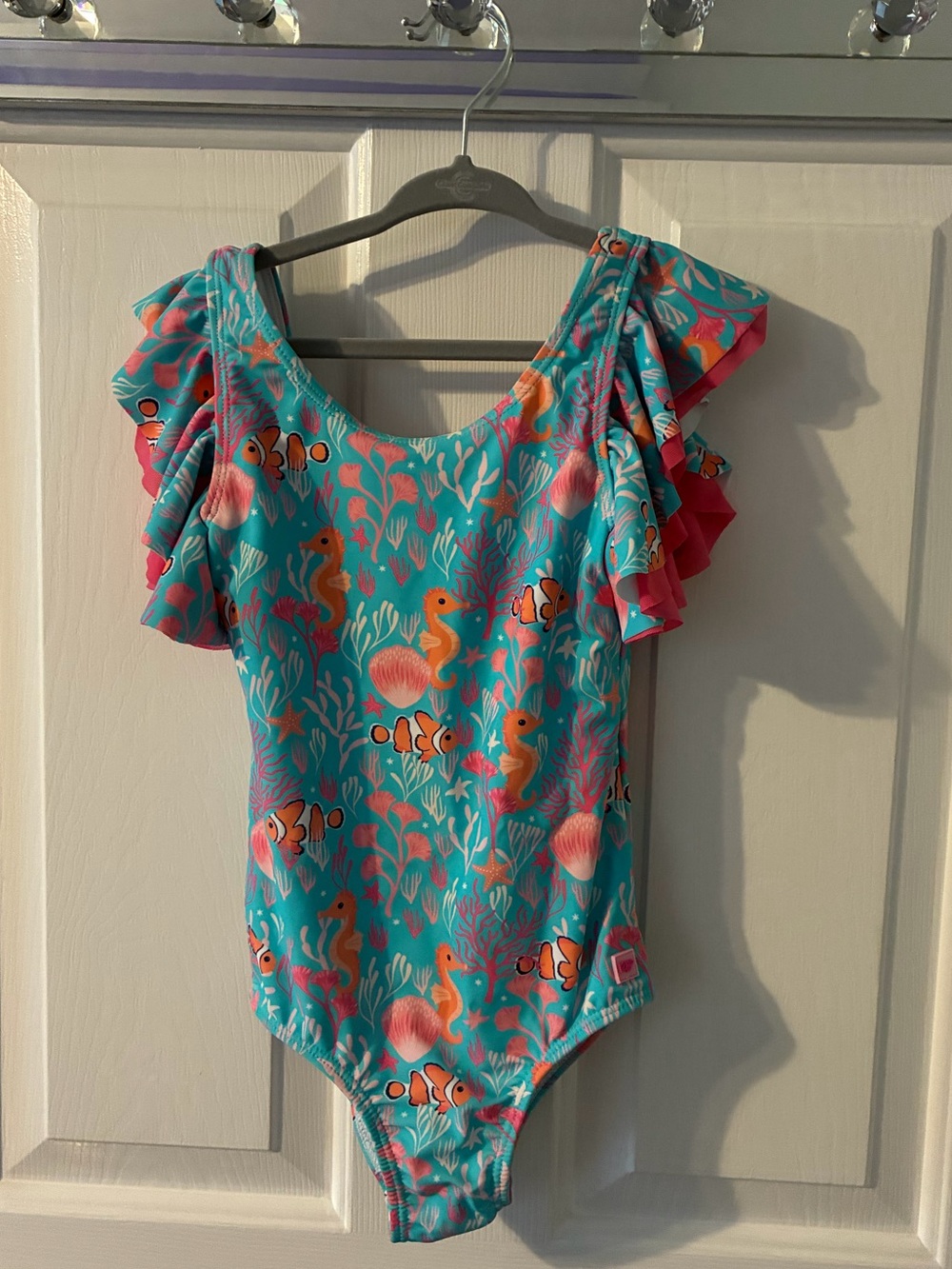 Ruffle Butts Sea Life Ruffle Sleeve One-Piece Swimsuit - Turquoise & Pink sz:6